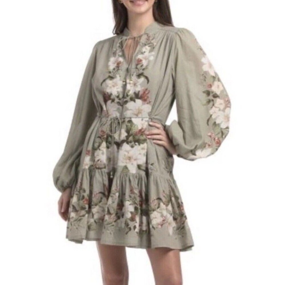 CAMILA COELHO Blouson Sleeve Fully Lined Voile Floral  Mini Dress Sage Green  M
